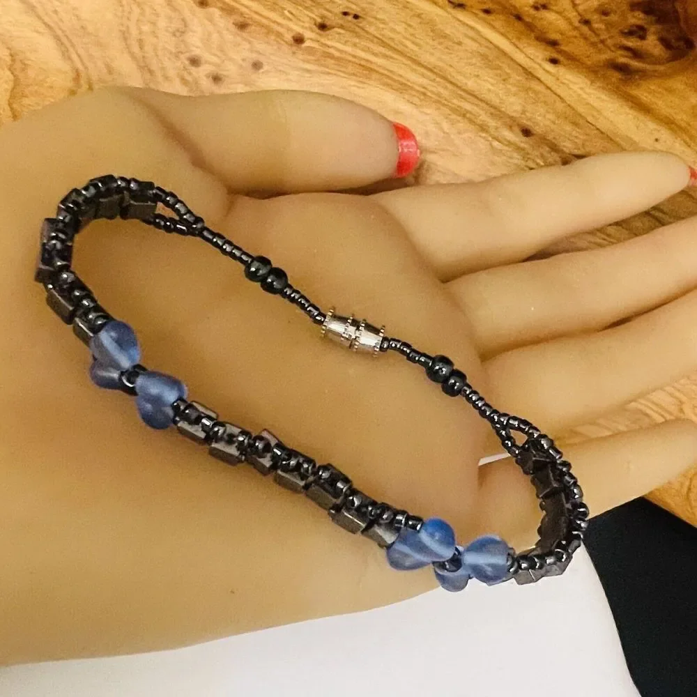 Hematite Sead Bead Bracelet Strand Silver Blue Tone Barrel Clasp 7.5